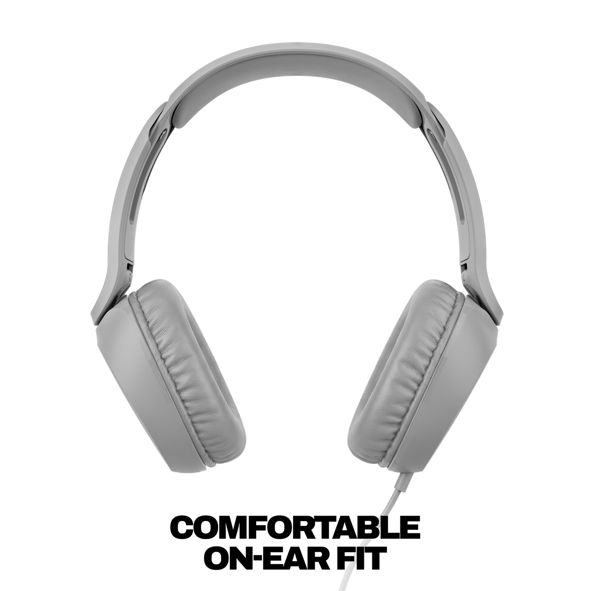 Light gray over-ear wired headphones shown from the side against a solid black background. | Cement